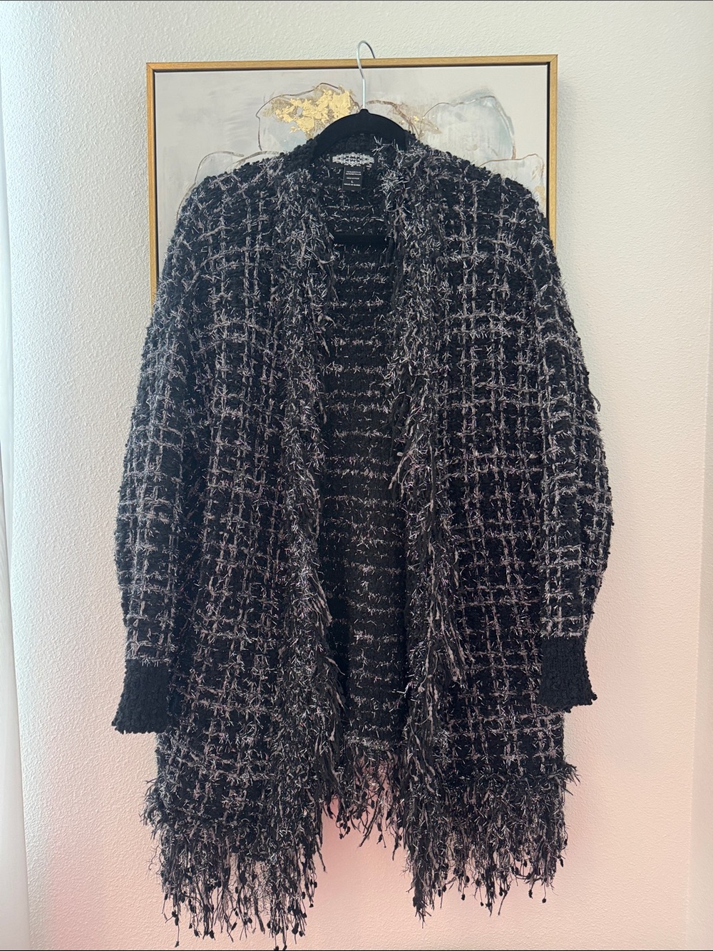6/14 Textured Fringe Open-Front Cardigan in Black & White
